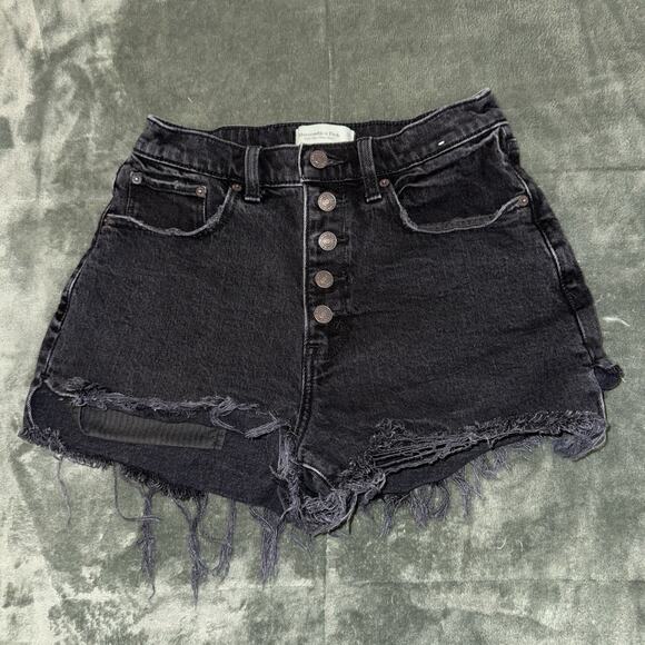 Abercrombie & Fitch Mom Short High Rise Size 26/2 Denim Shorts Raw Hem Black - Picture 1 of 8
